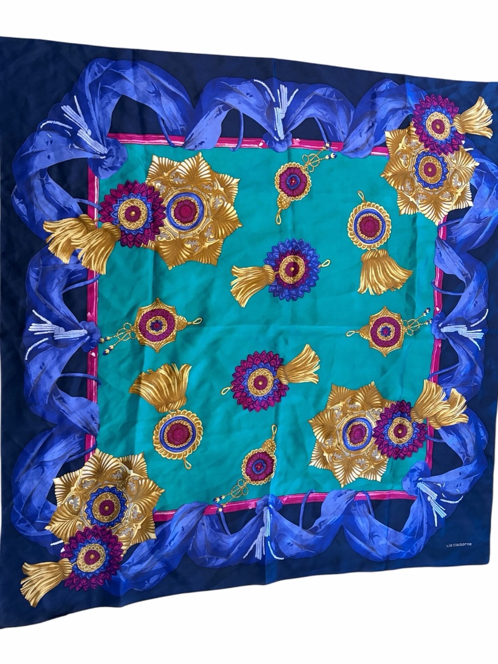 Liz Claiborne Vintage 100% Silk Square Scarf Blue Teal Medallion Tassel 30"